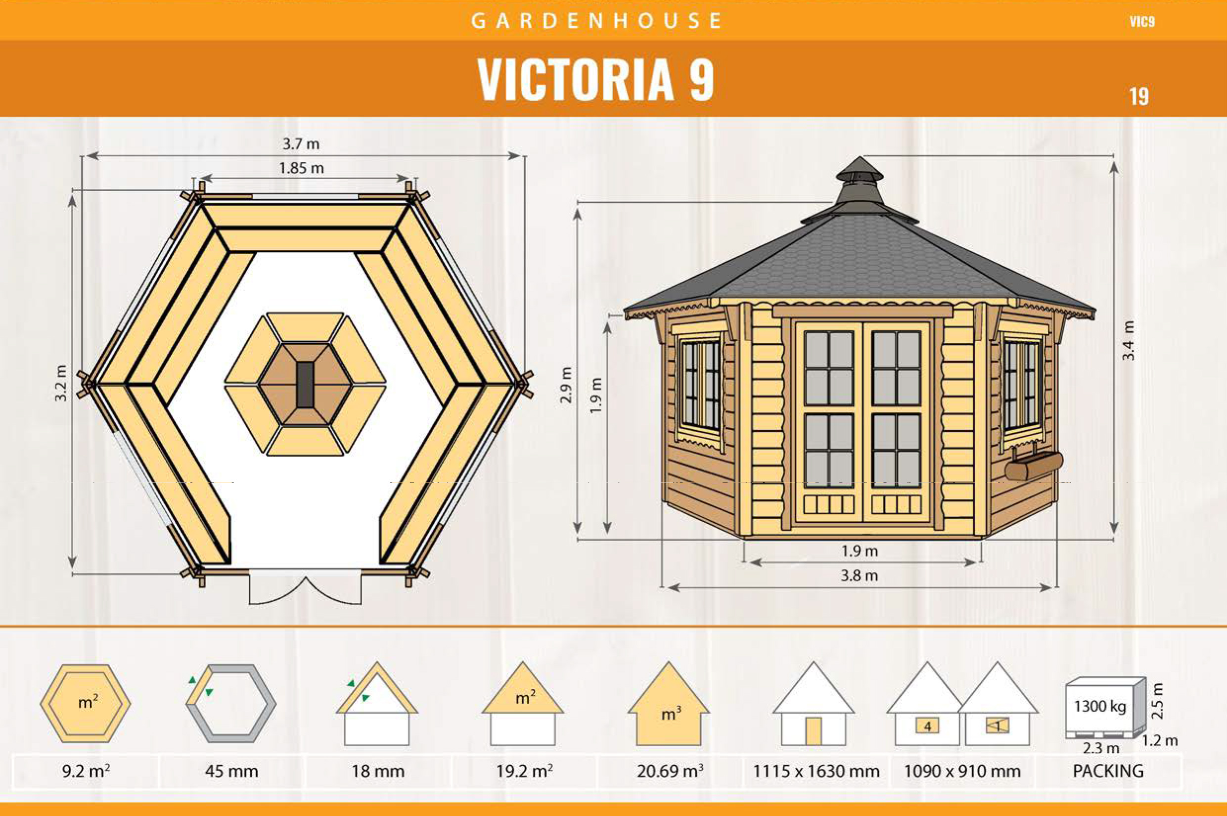 Gartenhaus Victoria 9m² hexagonal – Bild 5