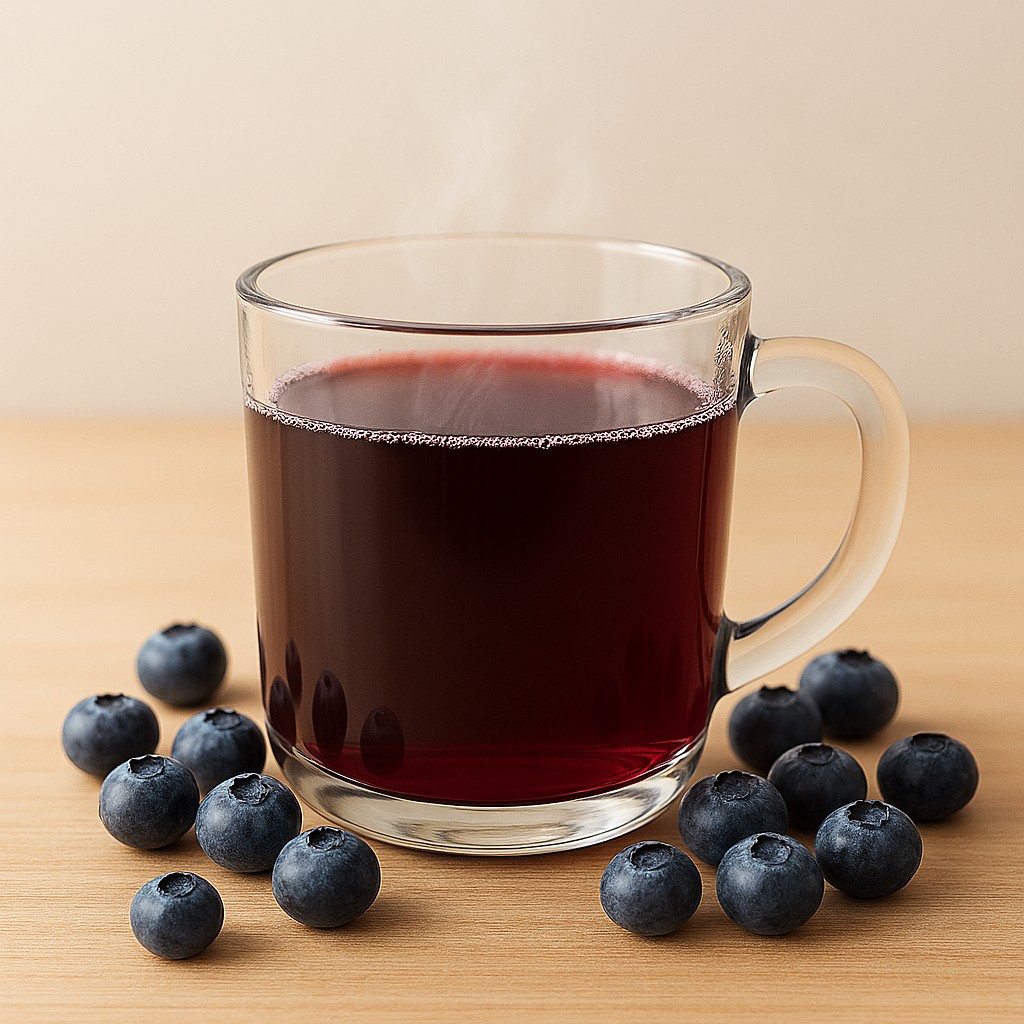 Trinkglas gefüllt mit dampfenden Blaubeersaft, umgeben von frischen Heidelbeeren bzw. Blaubeeren