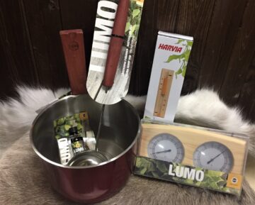 Saunaset mit Edelstahlkübel dunkelrot, Edelstahlkelle mit Holzgriff, Hygro- und Thermometer + Sanduhr