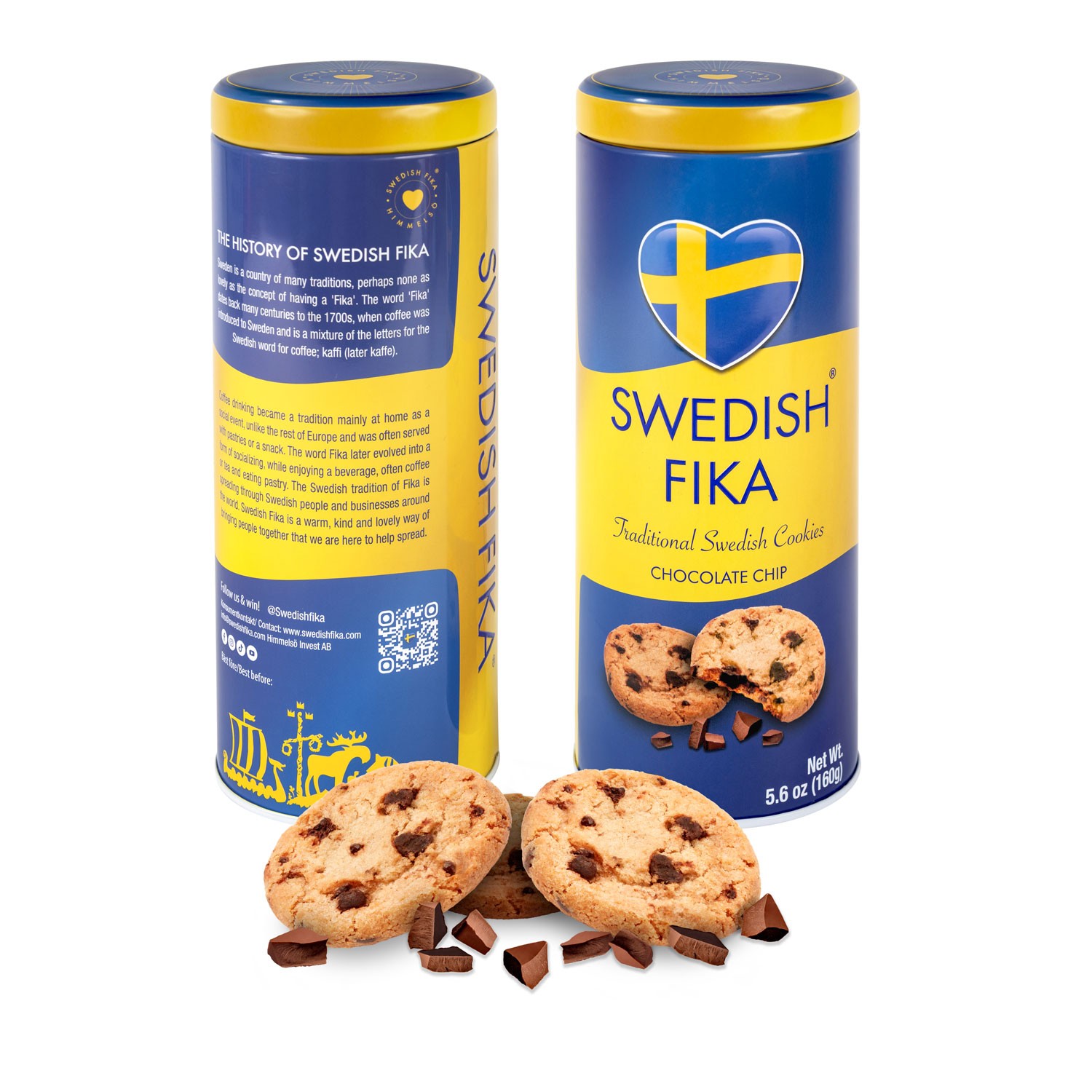 Swedish Fika - Kekse mit Schokoladenstückchen verpackt in einer blau-gelben Dose, 250g