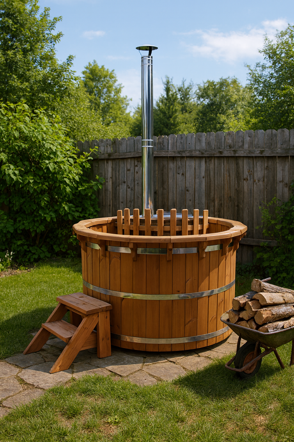 Badefass De Luxe mit Innenofen aus Thermoholz mit Treppe . Aufgestellt im Garten vor einem Holzzaun mit einer Schubkarre voll Holz