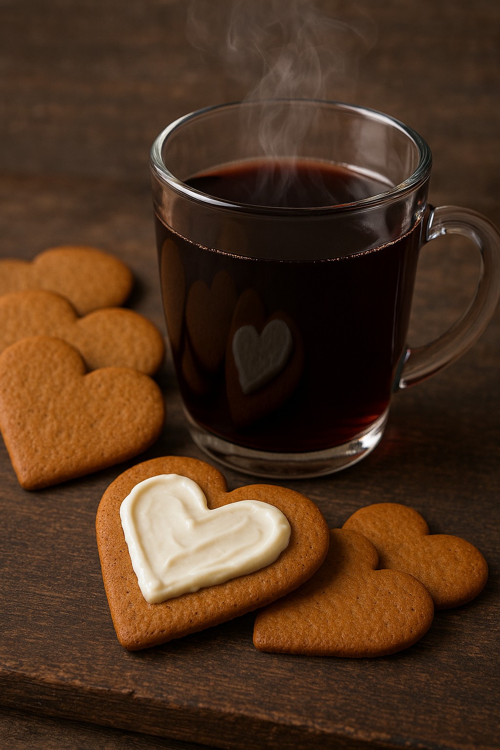 Mehrere Nyakers Pfefferkuchenherzen liegen auf einem rustikalem Tisch neben einem dampfenden Glögg und ein Pfefferkuchen davon ist garniert mit Frischkäse