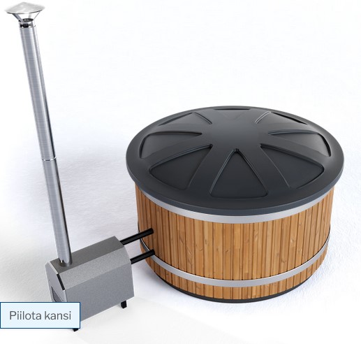 Premium Hottub mit Außenofen und Kunststoffabdeckung, 2 m Durchmesser, Außenverkleidung TW