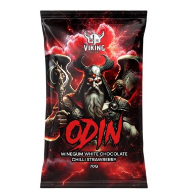 Viking Odin Papiertüte 70g mit Erdbeer Weingummi, weißer Schokolade und Chili